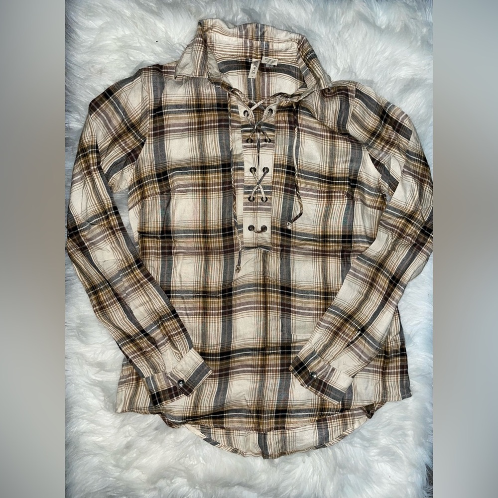 Sky & Sparrow Plaid Lace Up Top